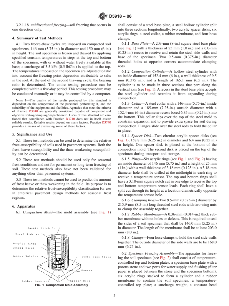 ASTM D5918-06 - Standard Test Methods for Frost Heave and Thaw Weakening Susceptibility of Soils