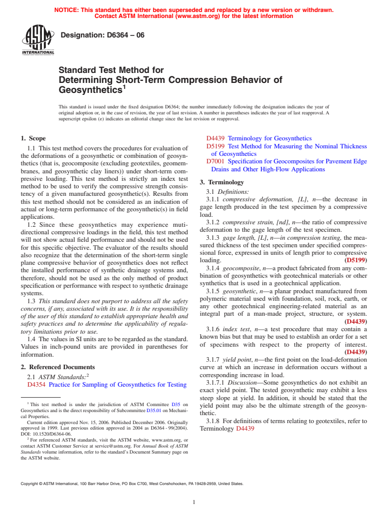 ASTM D6364-06 - Standard Test Method for Determining Short-Term Compression Behavior of Geosynthetics