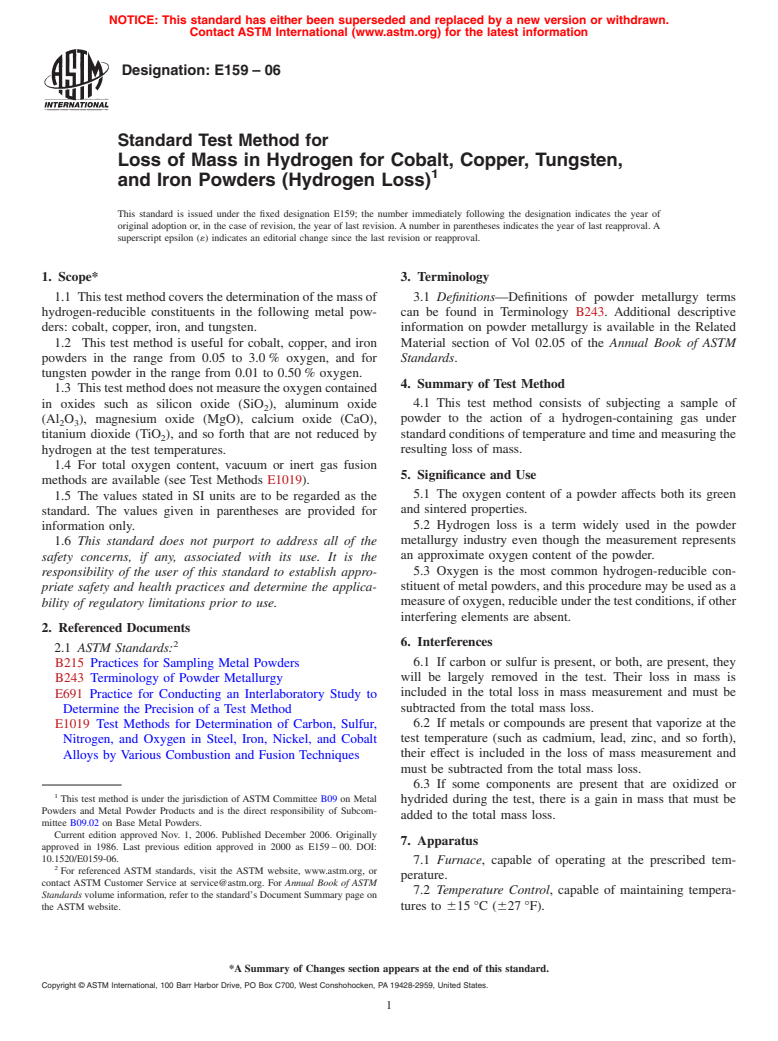 ASTM E159-06 - Standard Test Method for Loss of Mass in Hydrogen for Cobalt, Copper, Tungsten, and Iron Powders (Hydrogen Loss)