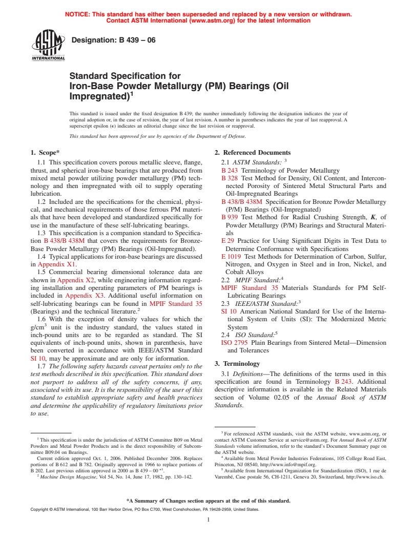 ASTM B439-06 - Standard Specification for Iron-Base Powder Metallurgy (PM) Bearings (Oil Impregnated)