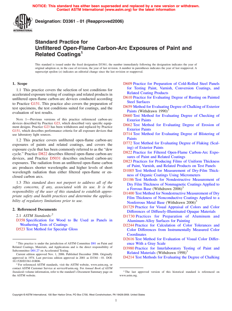 ASTM D3361-01(2006) - Standard Practice for Unfiltered Open-Flame Carbon-Arc Exposures of Paint and Related Coatings