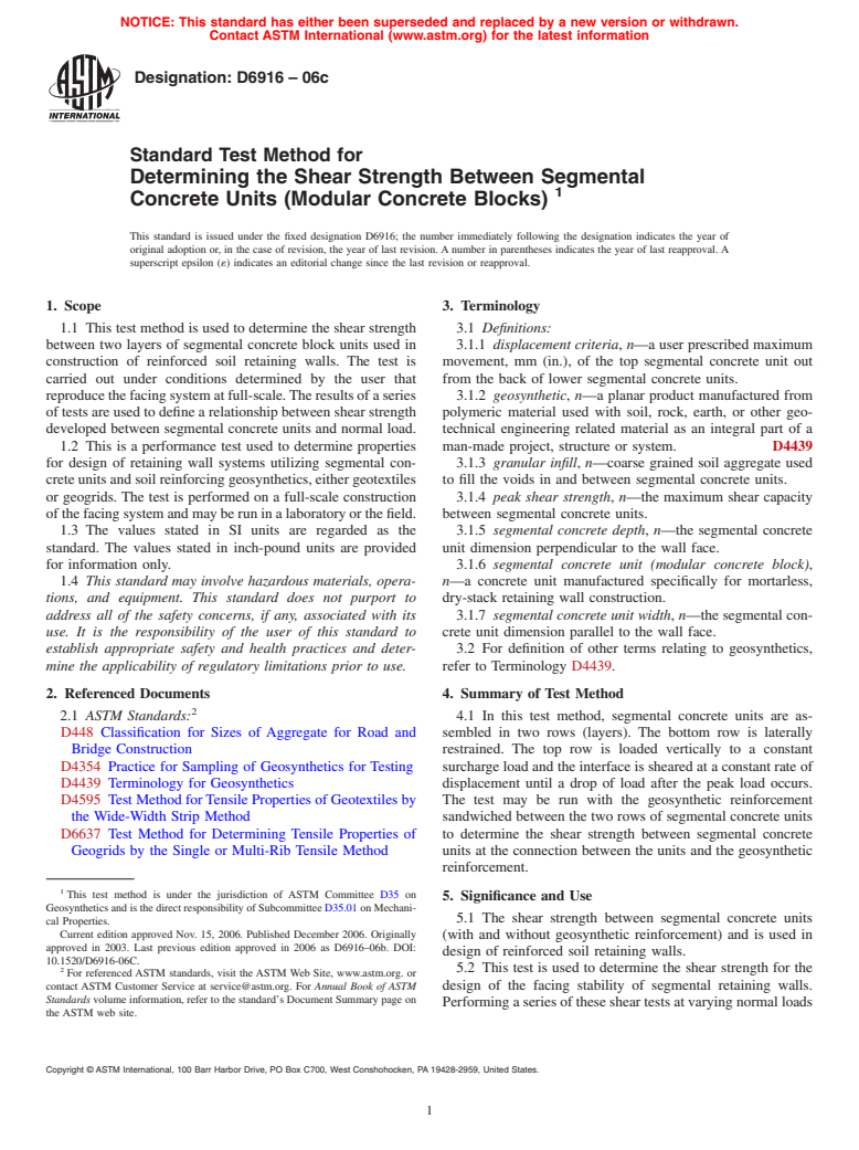 ASTM D6916-06c - Standard Test Method for Determining the Shear Strength Between Segmental Concrete Units (Modular Concrete Blocks)