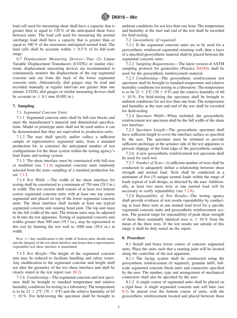 ASTM D6916-06c - Standard Test Method for Determining the Shear Strength Between Segmental Concrete Units (Modular Concrete Blocks)