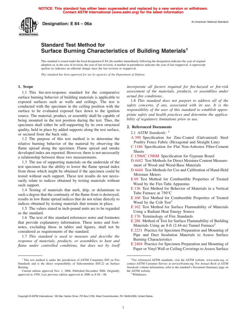 ASTM E84-06a - Standard Test Method for Surface Burning Characteristics of Building Materials
