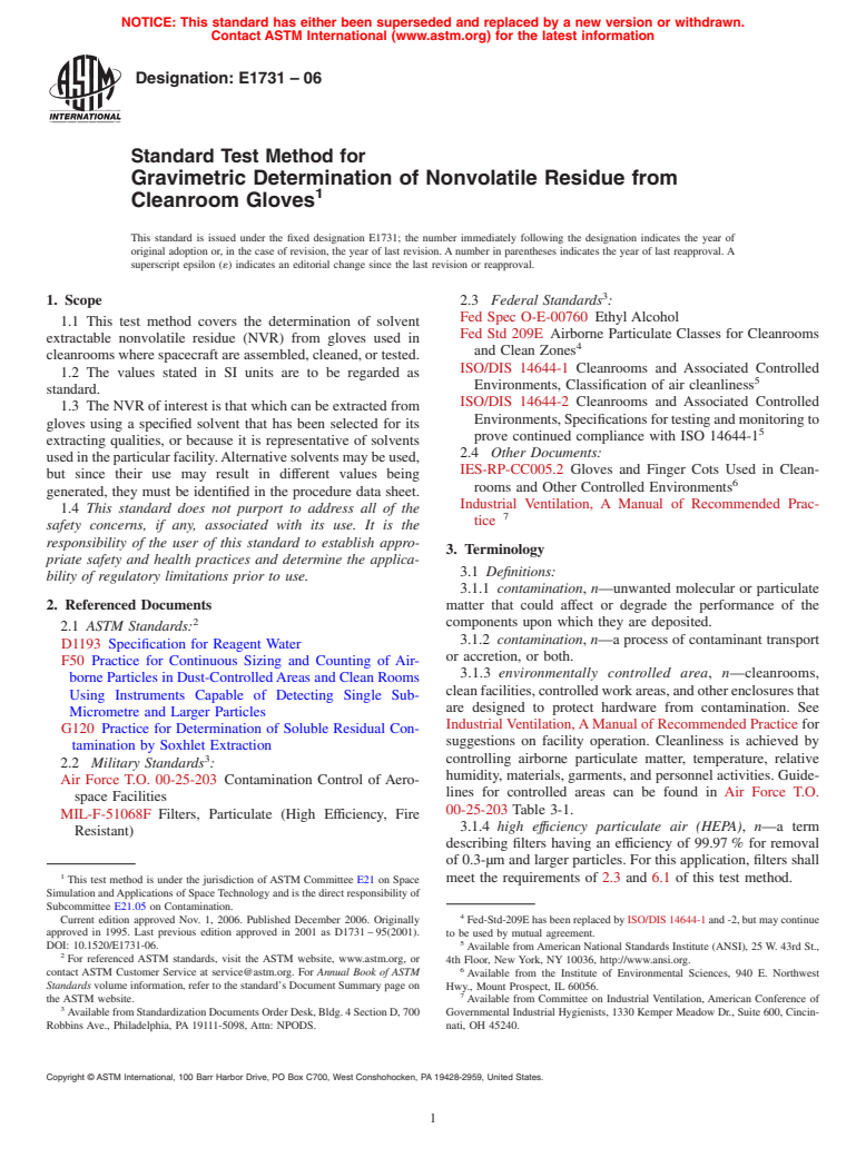 ASTM E1731-06 - Standard Test Method for Gravimetric Determination of Nonvolatile Residue from Cleanroom Gloves