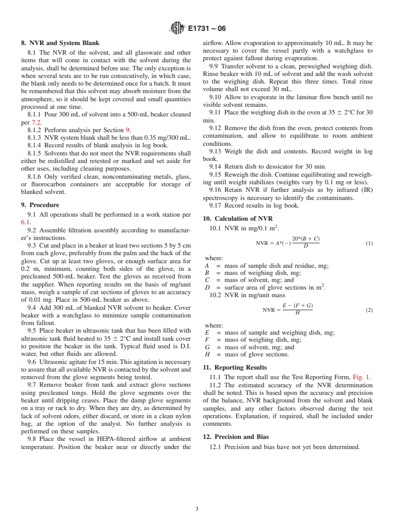 ASTM E1731-06 - Standard Test Method for Gravimetric Determination of Nonvolatile Residue from Cleanroom Gloves