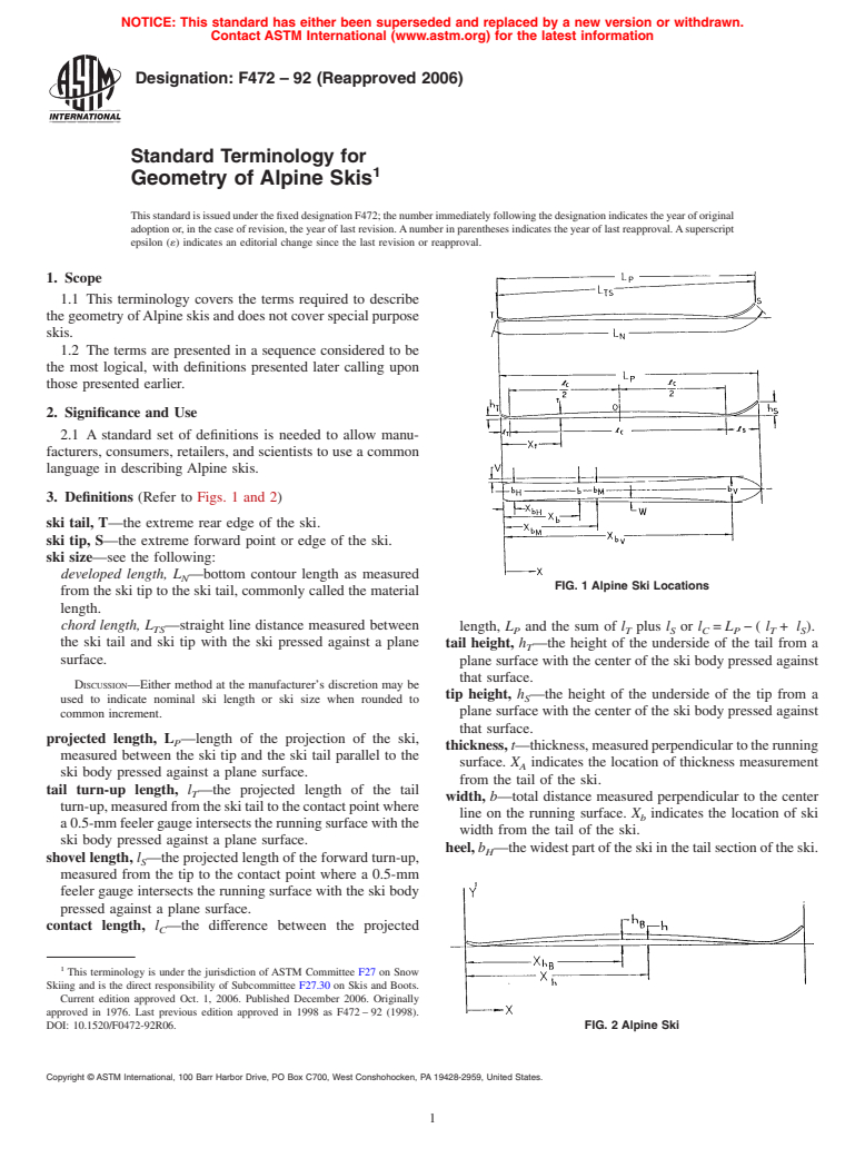 ASTM F472-92(2006) - Standard Terminology for Geometry of Alpine Skis