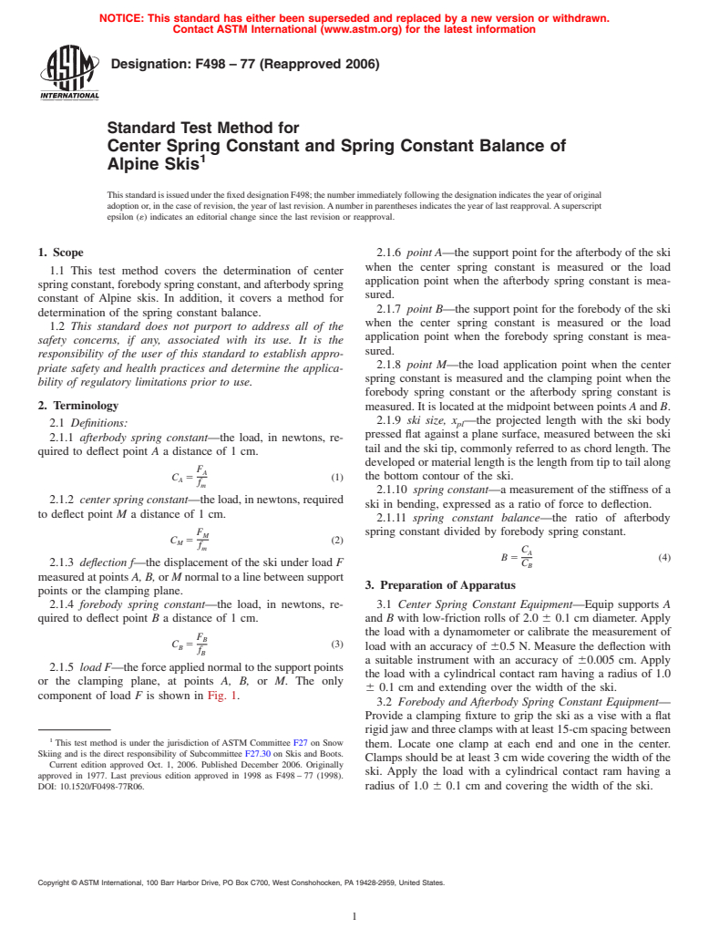 ASTM F498-77(2006) - Standard Test Method for Center Spring Constant and Spring Constant Balance of Alpine Skis