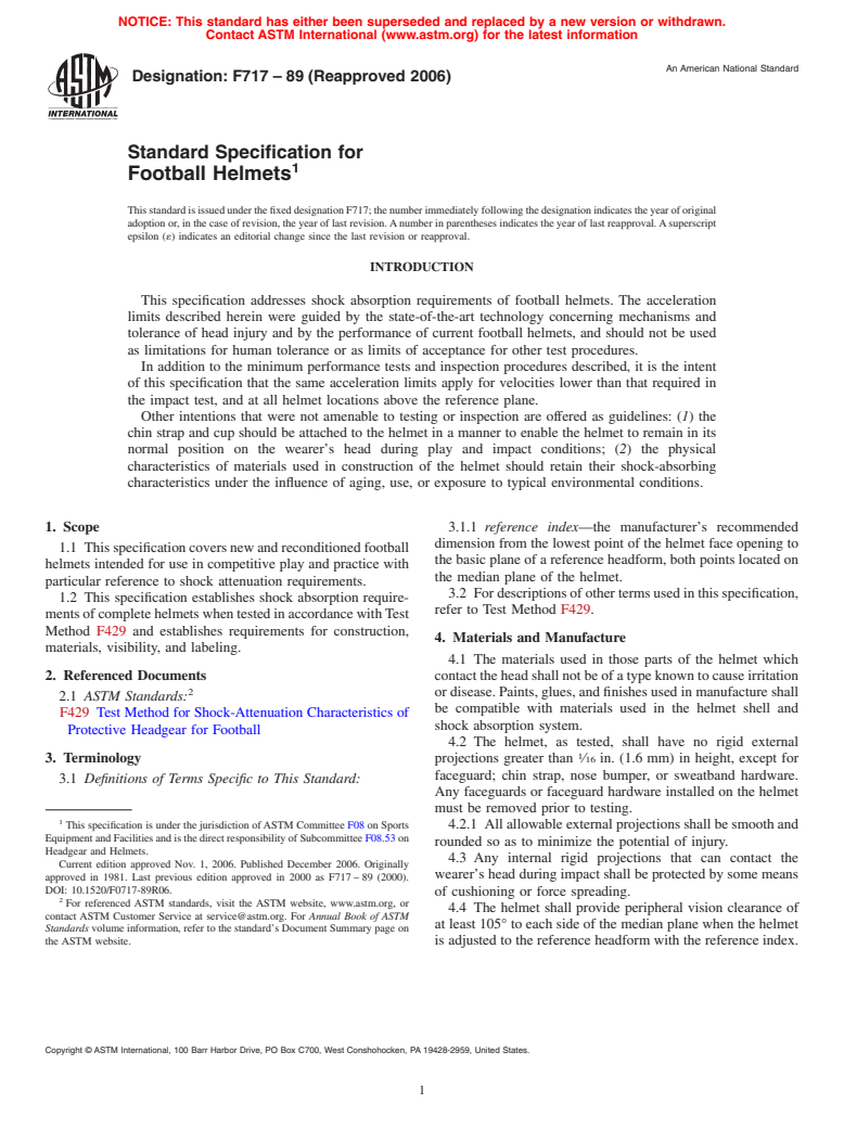 ASTM F717-89(2006) - Standard Specification for Football Helmets