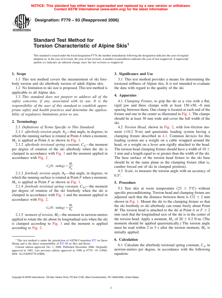 ASTM F779-93(2006) - Standard Test Method for Torsion Characteristic of Alpine Skis