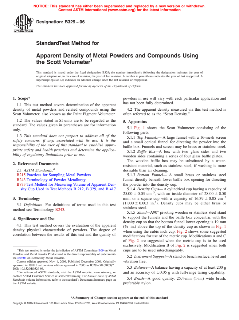 ASTM B329-06 - Standard Test Method for Apparent Density of Metal Powders and Compounds Using the Scott Volumeter