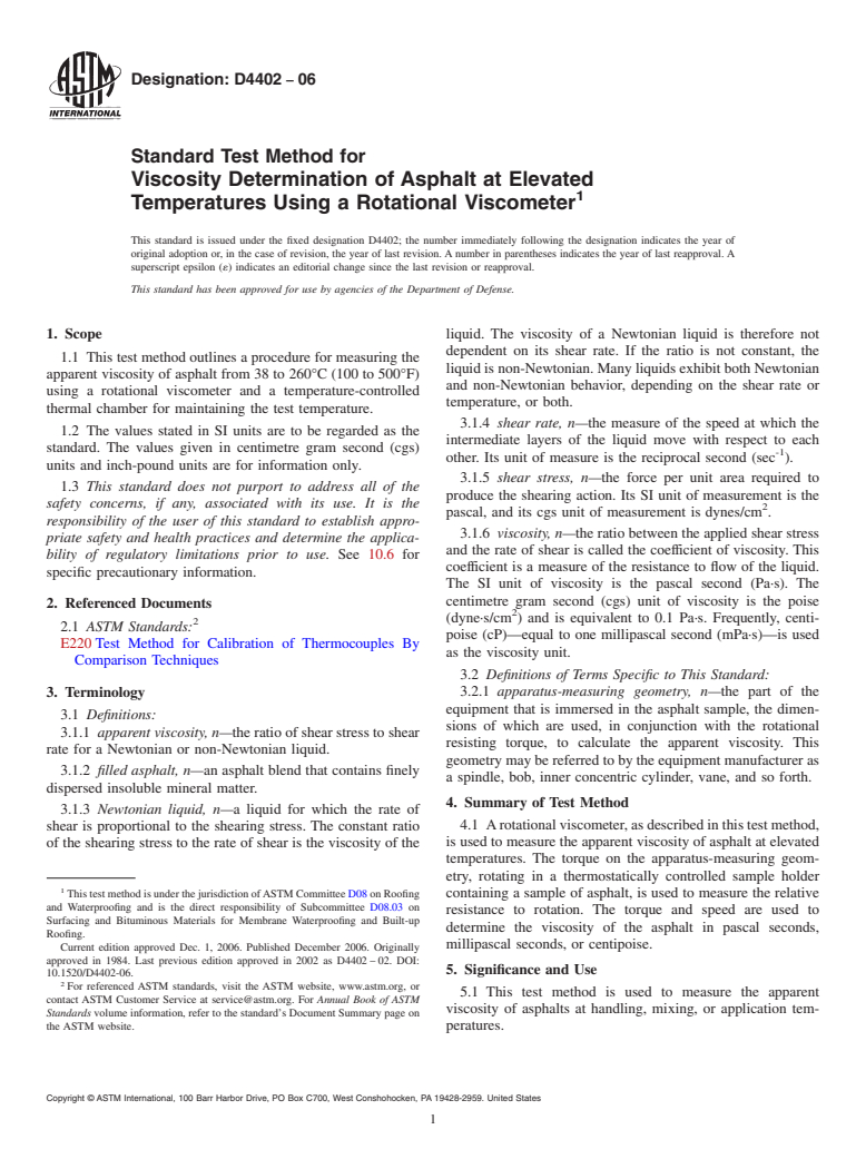 ASTM D4402-06 - Standard Test Method for Viscosity Determination of Asphalt at Elevated Temperatures Using a Rotational Viscometer