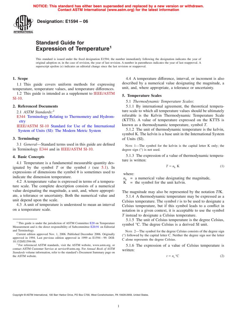 ASTM E1594-06 - Standard Guide for Expression of Temperature