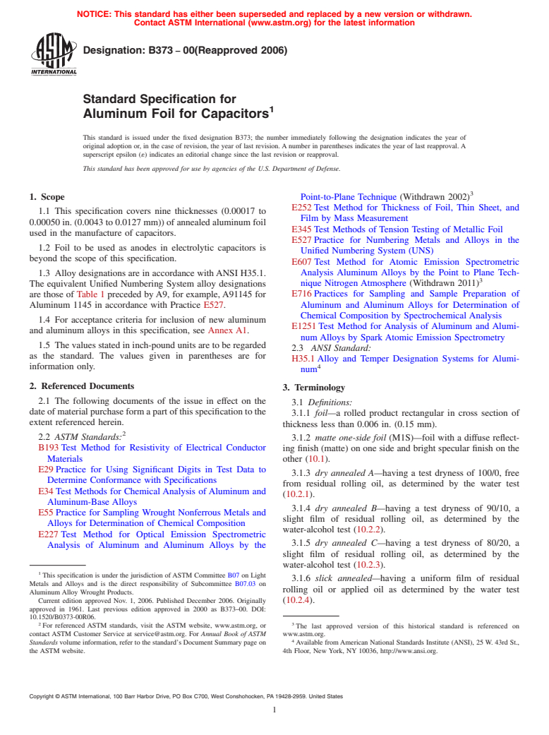 ASTM B373-00(2006) - Standard Specification for Aluminum Foil for Capacitors (Withdrawn 2015)