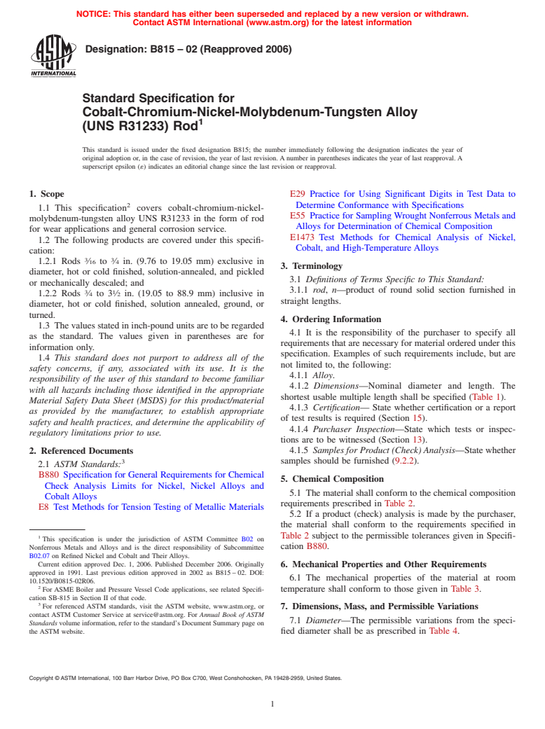 ASTM B815-02(2006) - Standard Specification for Cobalt-Chromium-Nickel-Molybdenum-Tungsten Alloy (UNS R31233) Rod