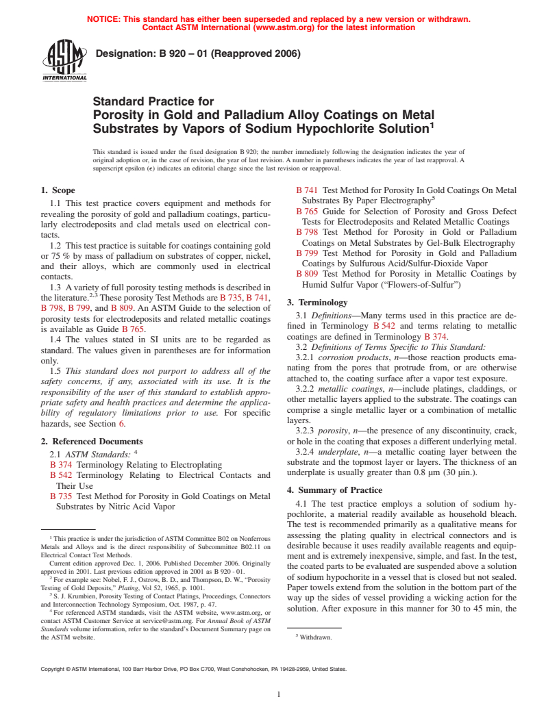 ASTM B920-01(2006) - Standard Practice for Porosity in Gold and Palladium Alloy Coatings on Metal Substrates by Vapors of Sodium Hypochlorite Solution