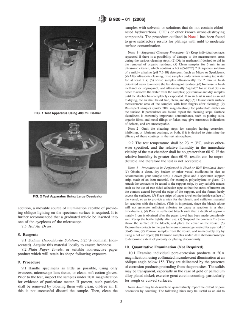 ASTM B920-01(2006) - Standard Practice for Porosity in Gold and Palladium Alloy Coatings on Metal Substrates by Vapors of Sodium Hypochlorite Solution