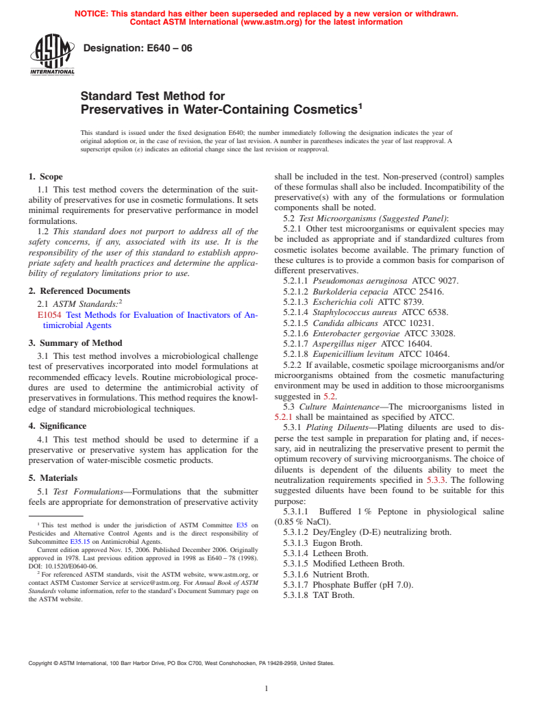 ASTM E640-06 - Standard Test Method for Preservatives in Water-Containing Cosmetics