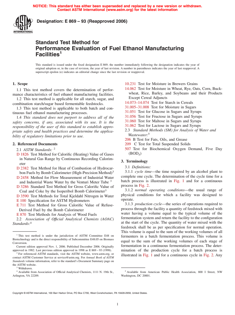 ASTM E869-93(2006) - Standard Test Method for Performance Evaluation of Fuel Ethanol Manufacturing Facilities (Withdrawn 2009)