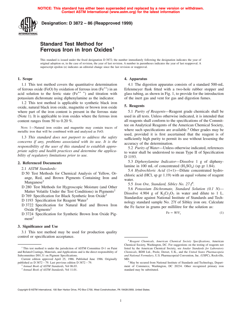 ASTM D3872-86(1999) - Standard Test Method for Ferrous Iron in Iron Oxides