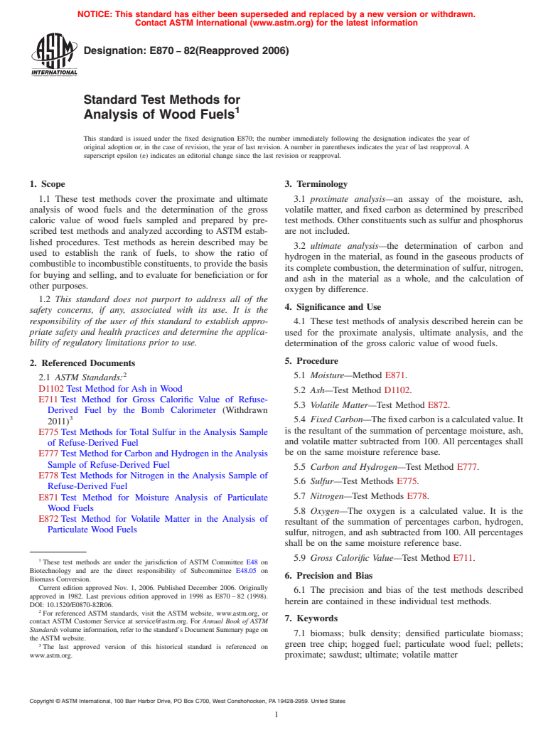 ASTM E870-82(2006) - Standard Test Methods for Analysis of Wood Fuels