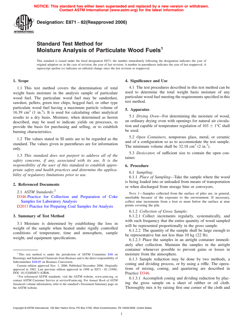 ASTM E871-82(2006) - Standard Test Method for Moisture Analysis of Particulate Wood Fuels