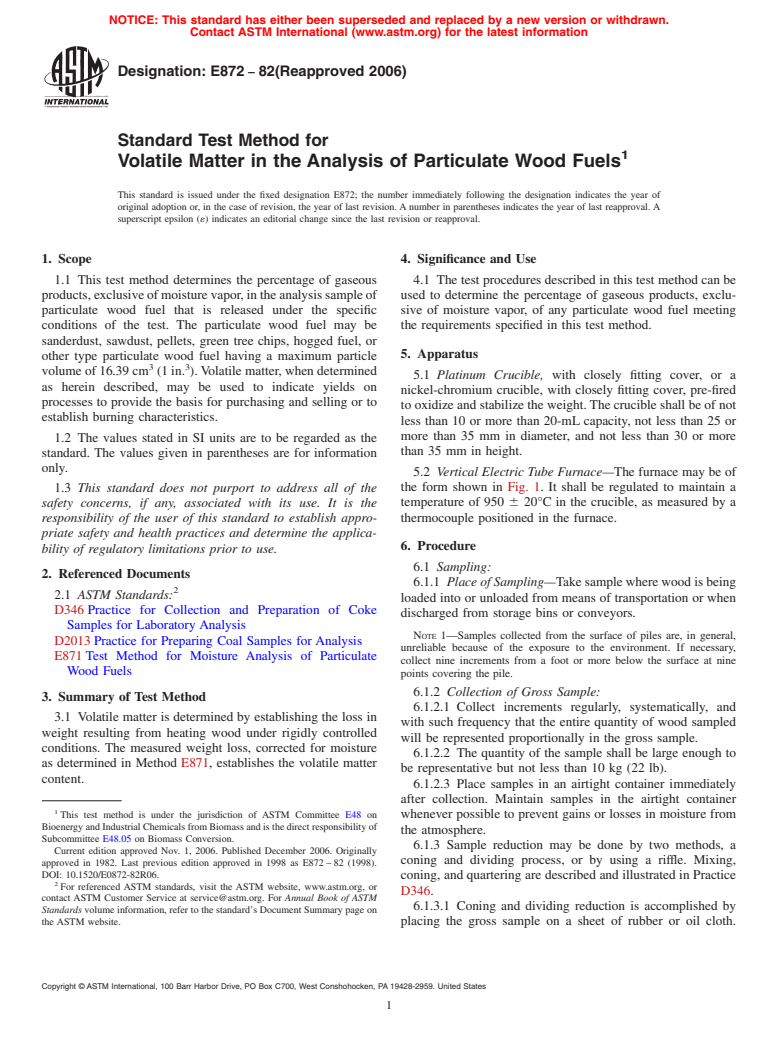 ASTM E872-82(2006) - Standard Test Method for Volatile Matter in the Analysis of Particulate Wood Fuels