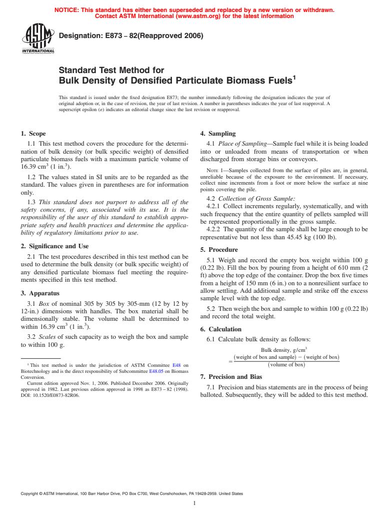 ASTM E873-82(2006) - Standard Test Method for Bulk Density of Densified Particulate Biomass Fuels