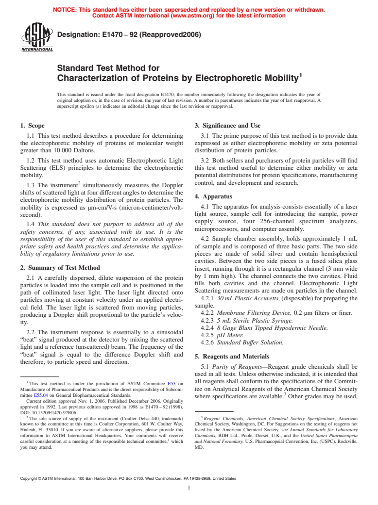 ASTM E1470-92(2006) - Standard Test Method for Characterization of Proteins by Electrophoretic Mobility (Withdrawn 2014)