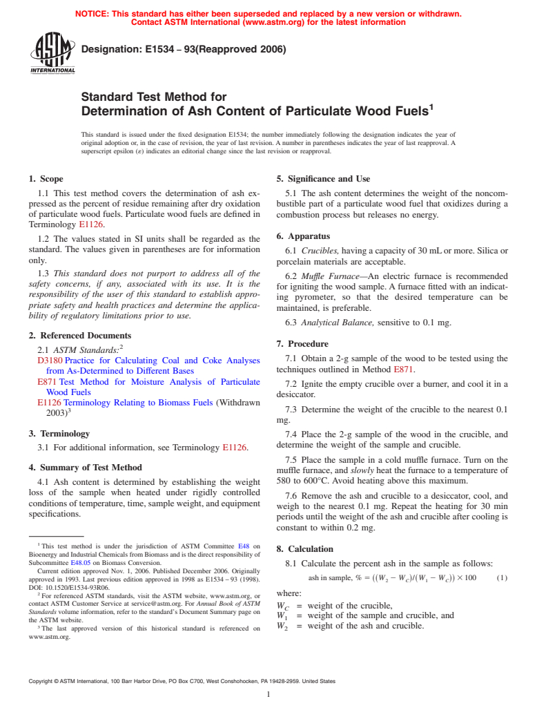 ASTM E1534-93(2006) - Standard Test Method for Determination of Ash Content of Particulate Wood Fuels