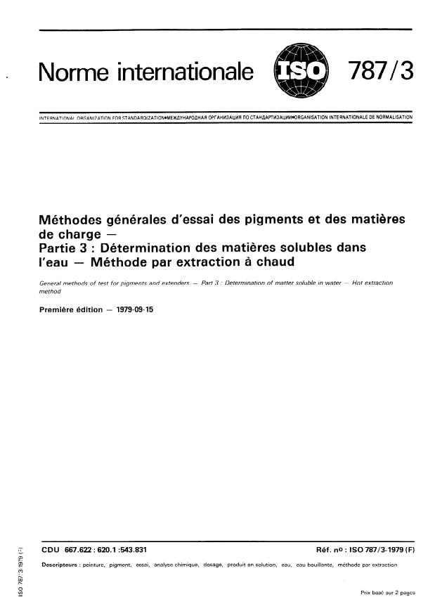 ISO 787-3:1979 - Méthodes générales d'essai des pigments et des matieres de charge