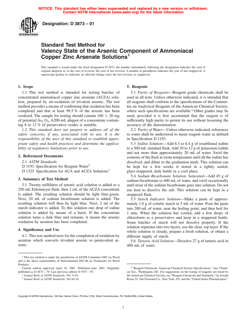 ASTM D3873-01 - Standard Test Method for Valency State of the Arsenic Component of Ammoniacal Copper Arsenate Solutions (Withdrawn 2006)