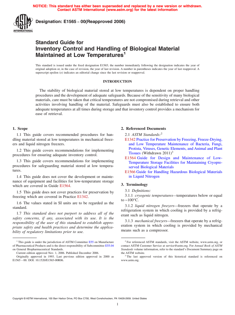 ASTM E1565-00(2006) - Standard Guide for Inventory Control and Handling of Biological Material Maintained at Low Temperatures