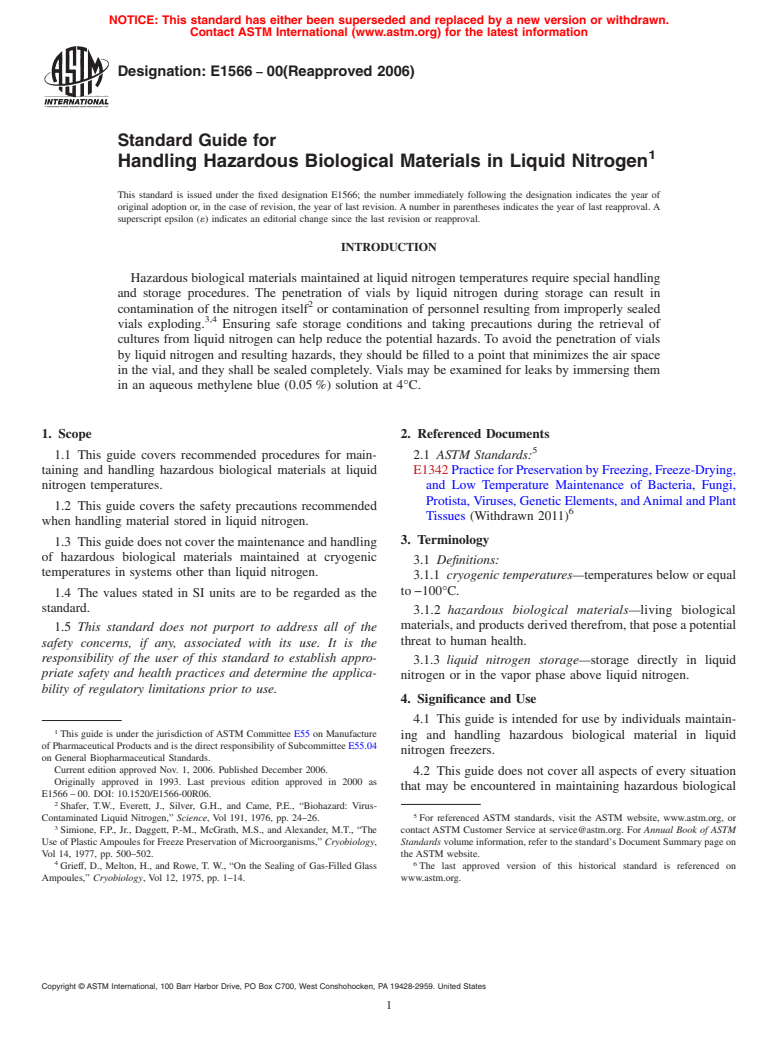 ASTM E1566-00(2006) - Standard Guide for Handling Hazardous Biological Materials in Liquid Nitrogen