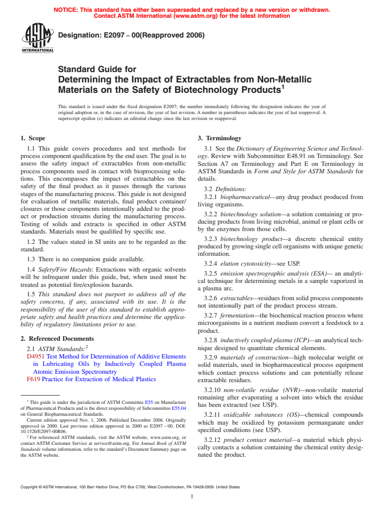 ASTM E2097-00(2006) - Standard Guide for Determining the Impact of Extractables from Non-Metallic Materials on the Safety of Biotechnology Products