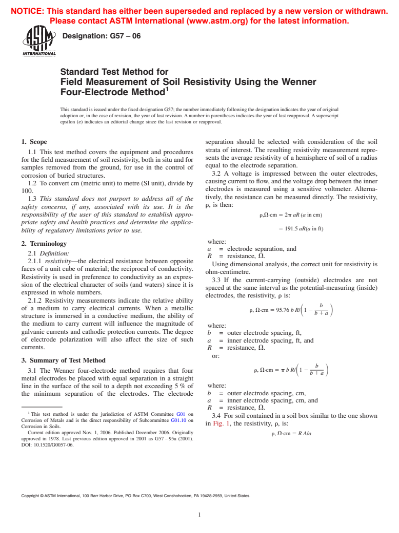 ASTM G57-06 - Standard Test Method for Field Measurement of Soil Resistivity Using the Wenner Four-Electrode Method