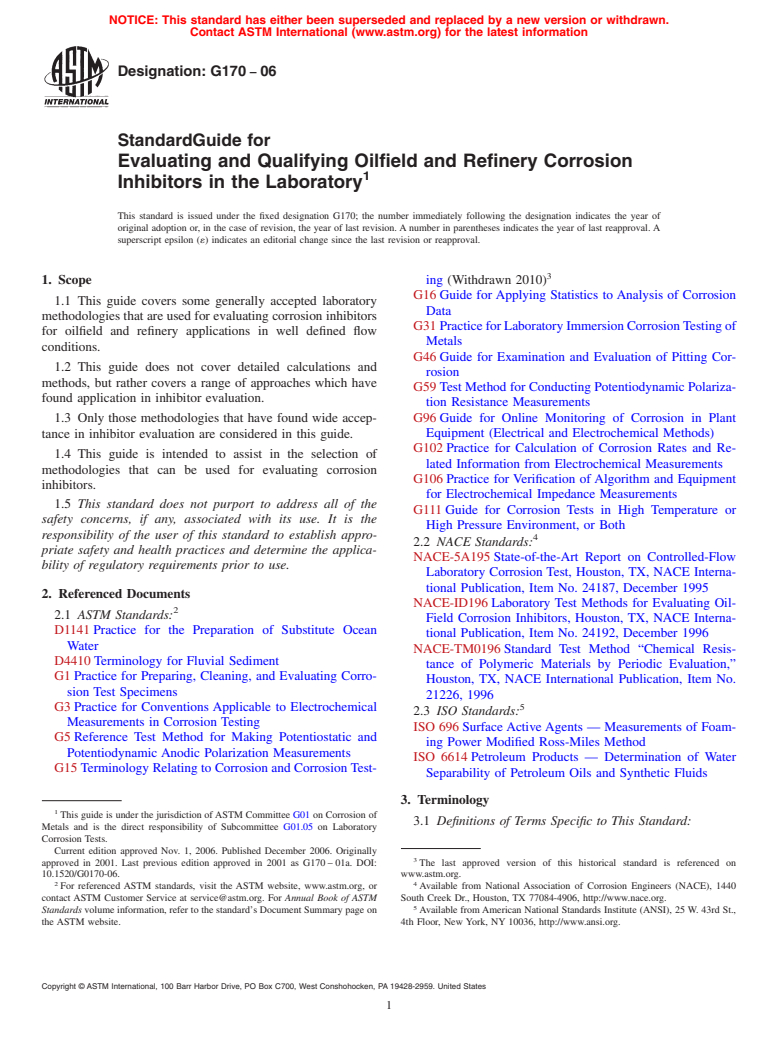 ASTM G170-06 - Standard Guide for Evaluating and Qualifying Oilfield and Refinery Corrosion Inhibitors in the Laboratory