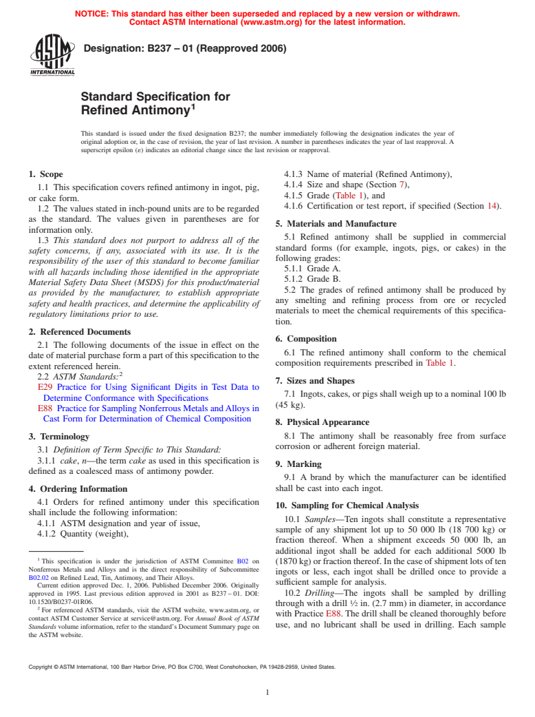 ASTM B237-01(2006) - Standard Specification for Refined Antimony