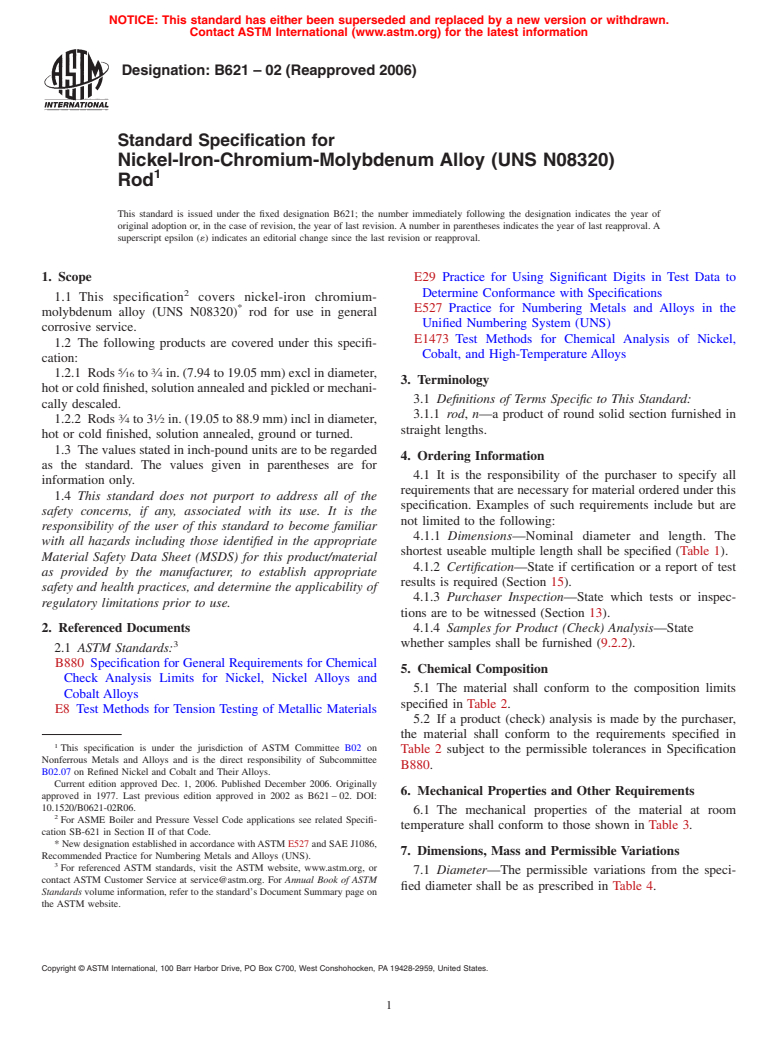 ASTM B621-02(2006) - Standard Specification for Nickel-Iron-Chromium-Molybdenum Alloy (UNS N08320) Rod