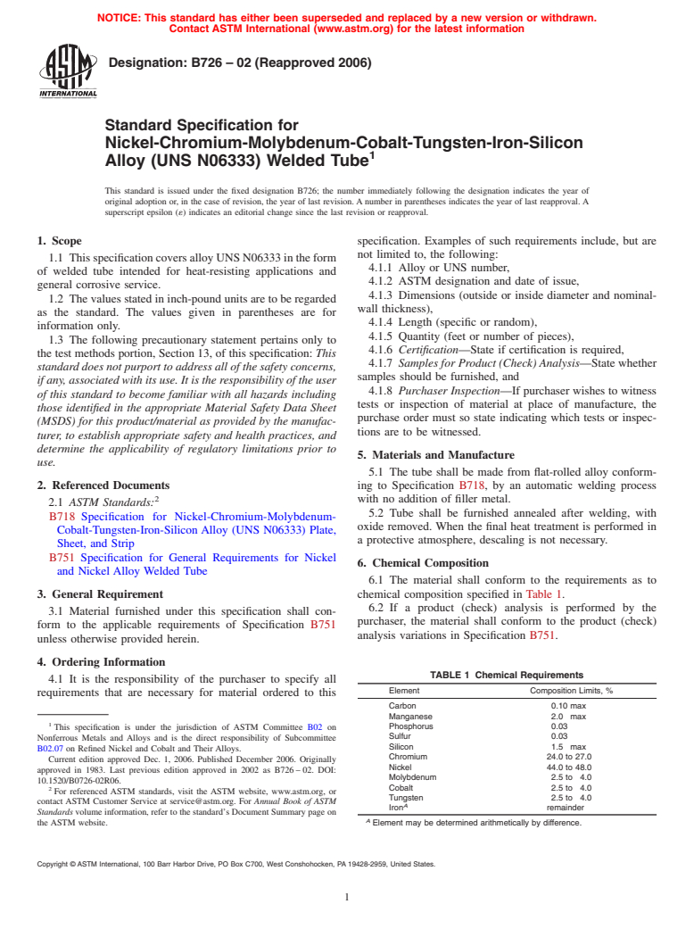 ASTM B726-02(2006) - Standard Specification for Nickel-Chromium-Molybdenum-Cobalt-Tungsten-Iron-Silicon Alloy (UNS N06333) Welded Tube