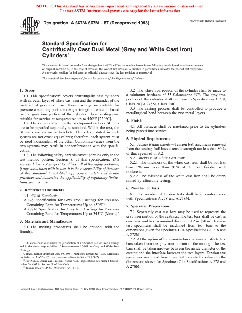 ASTM A667/A667M-87(1998) - Standard Specification for Centrifugally Cast Dual Metal (Gray and White Cast Iron) Cylinders