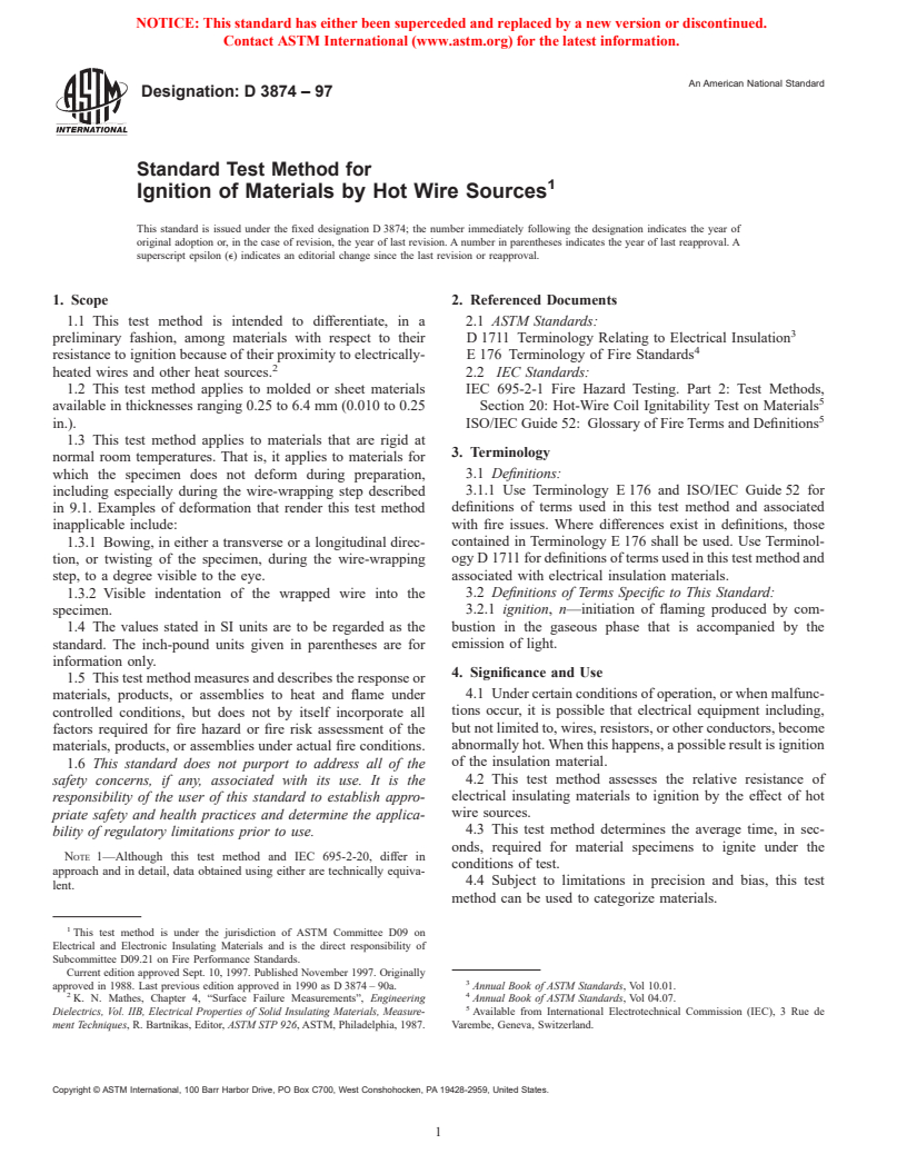 ASTM D3874-97 - Standard Test Method for Ignition of Materials by Hot Wire Sources