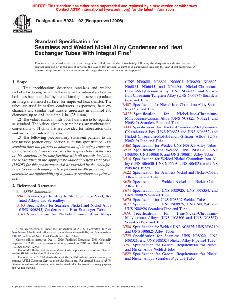 ASTM B924-02(2006) - Standard Specification for Seamless and Welded Nickel Alloy Condenser and Heat Exchanger Tubes With Integral Fins