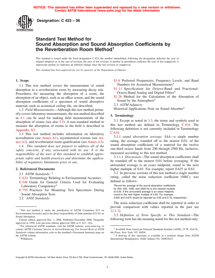 ASTM C423-06 - Standard Test Method for Sound Absorption and Sound Absorption Coefficients by the Reverberation Room Method