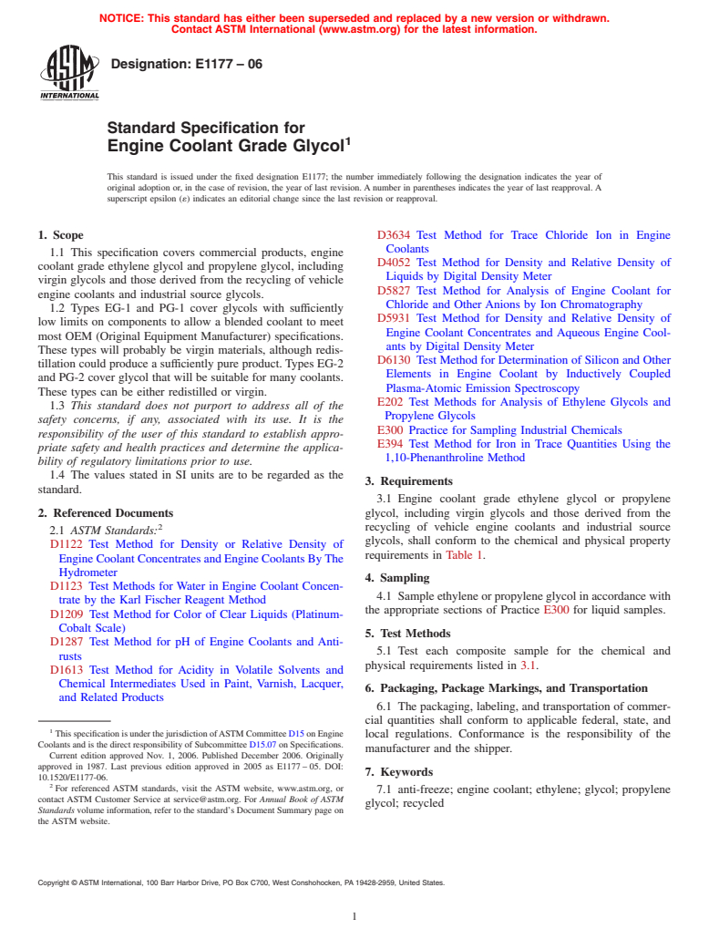 ASTM E1177-06 - Standard Specification for Engine Coolant Grade Ethylene Glycol