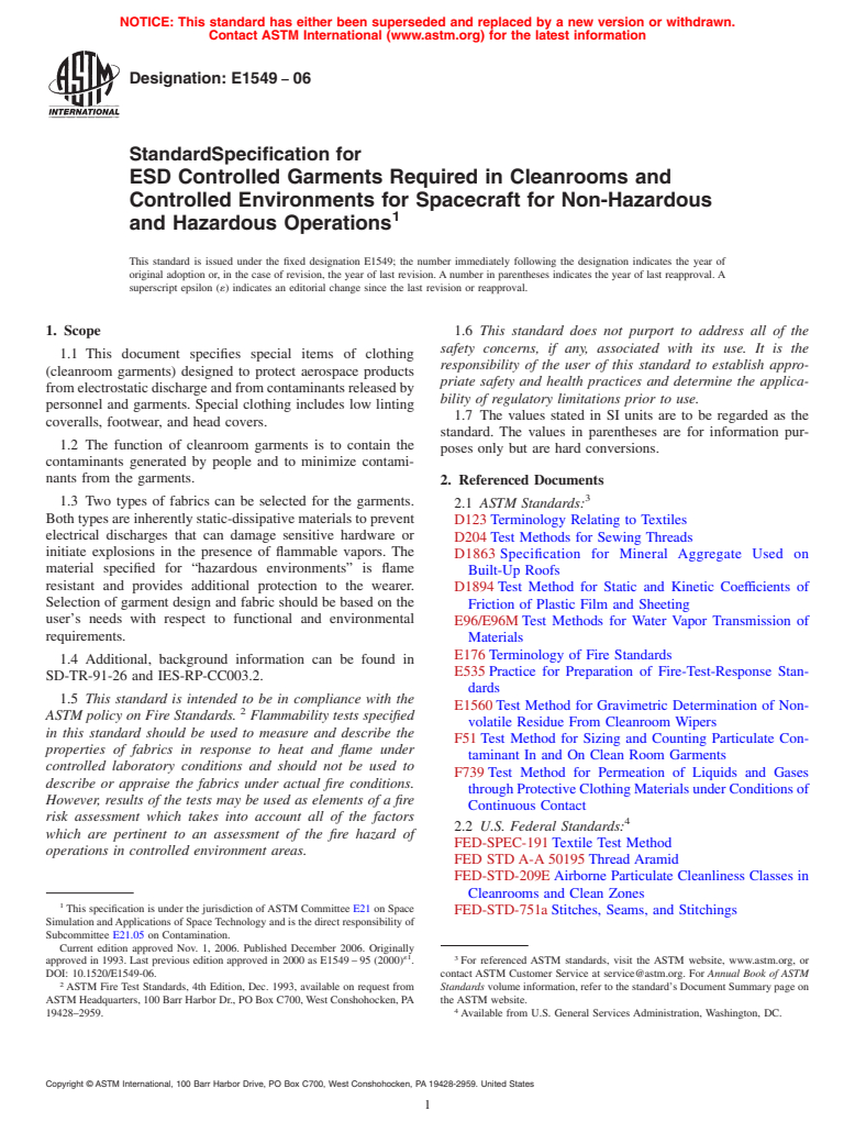 ASTM E1549-06 - Standard Specification for ESD Controlled Garments Required in Cleanrooms and Controlled Environments for Spacecraft for Non-Hazardous and Hazardous Operations