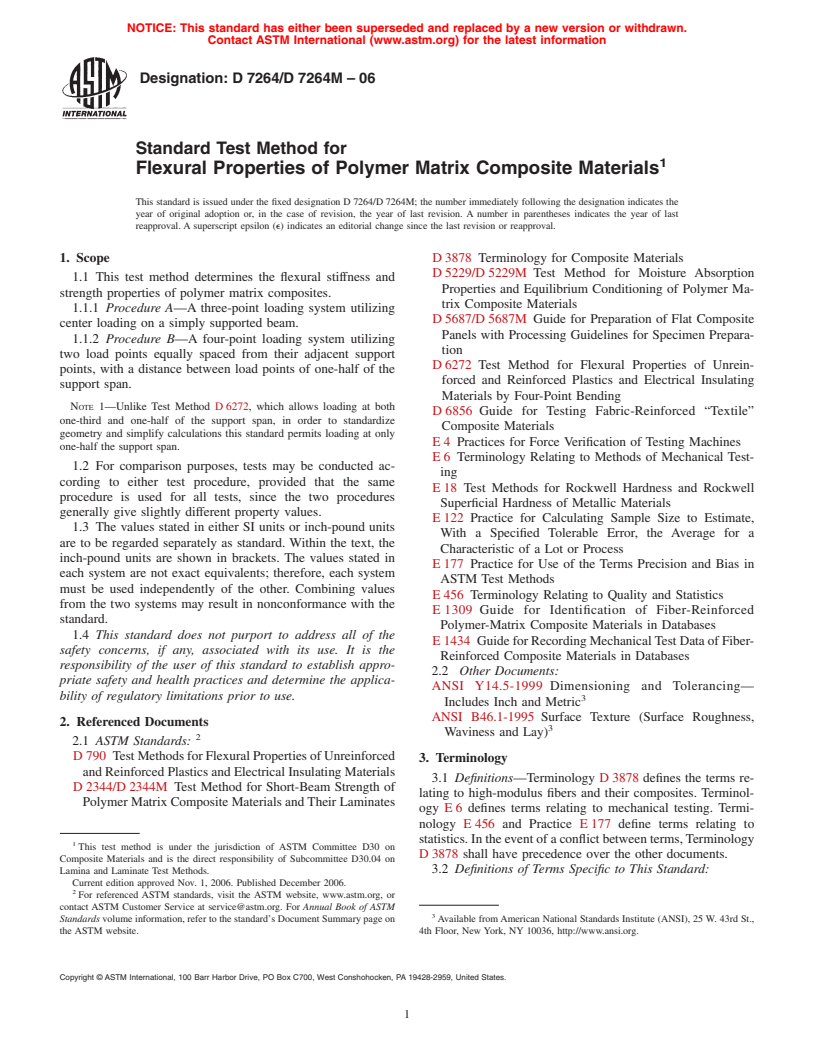 ASTM D7264/D7264M-06 - Standard Test Method for Flexural Properties of Polymer Matrix Composite Materials