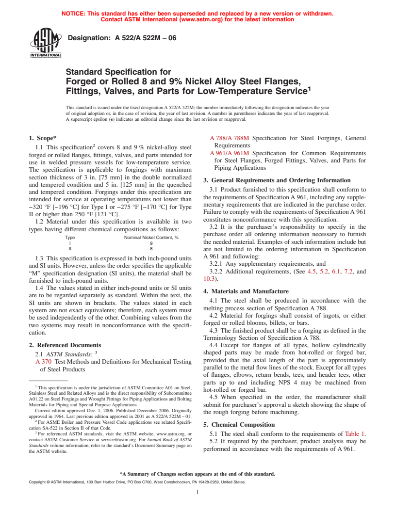 ASTM A522/A522M-06 - Standard Specification for Forged or Rolled 8 and 9% Nickel Alloy Steel Flanges, Fittings, Valves, and Parts for Low-Temperature Service