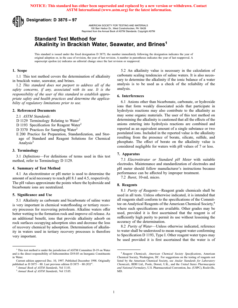 ASTM D3875-97 - Standard Test Method for Alkalinity in Brackish Water, Seawater, and Brines