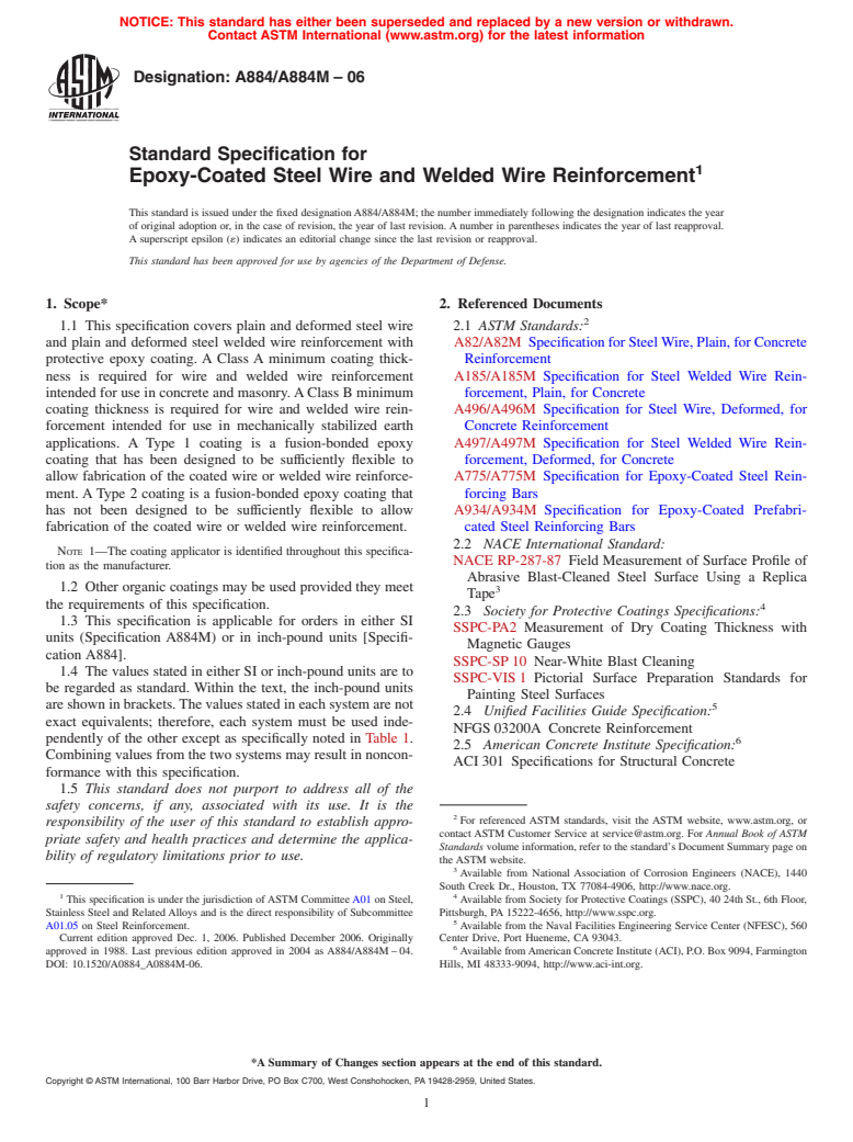 ASTM A884/A884M-06 - Standard Specification for Epoxy-Coated Steel Wire and Welded Wire Reinforcement